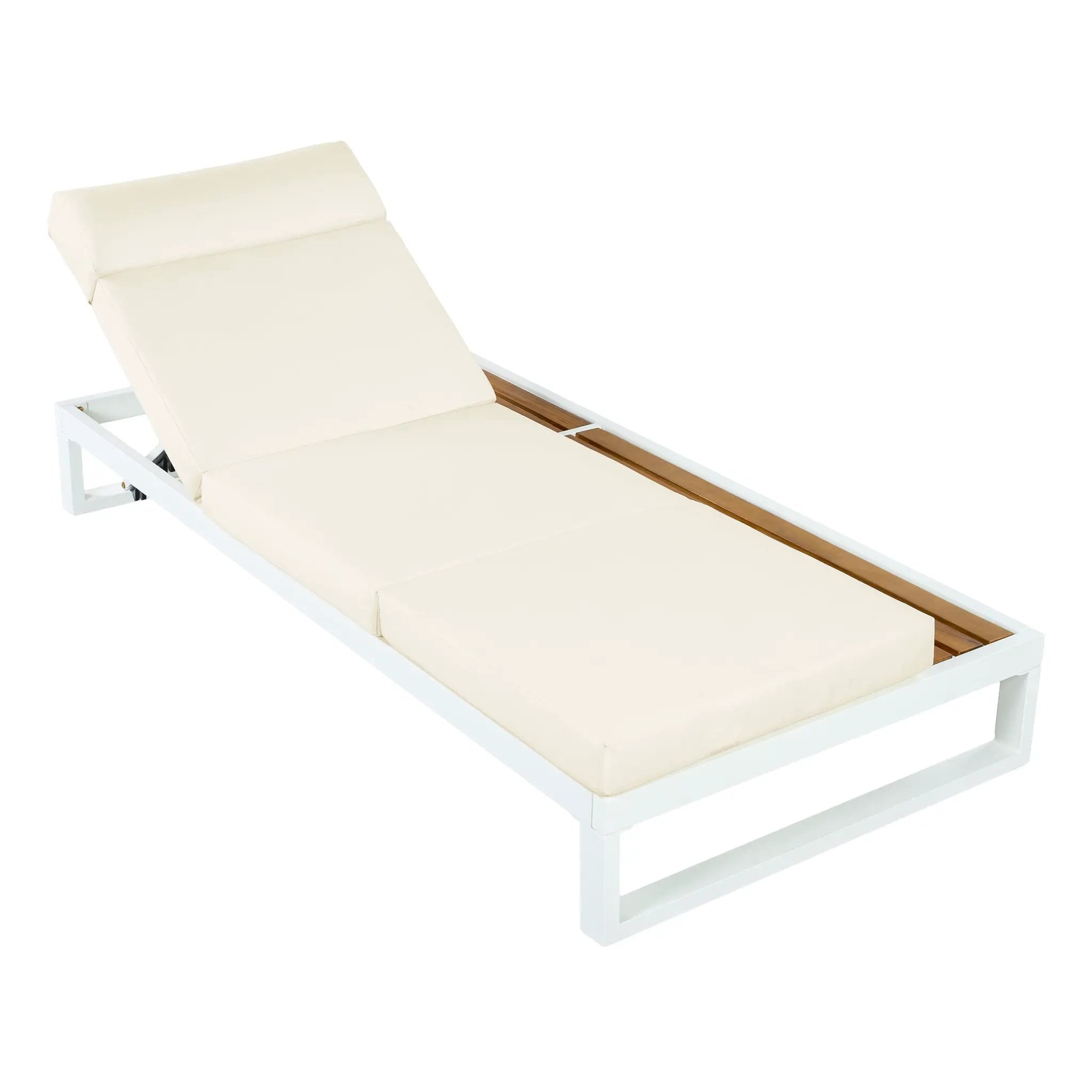 White Iron & Teak Finish Chaise Lounge Set: 1 Frame + 1 4-Fold by HouseOfZazla