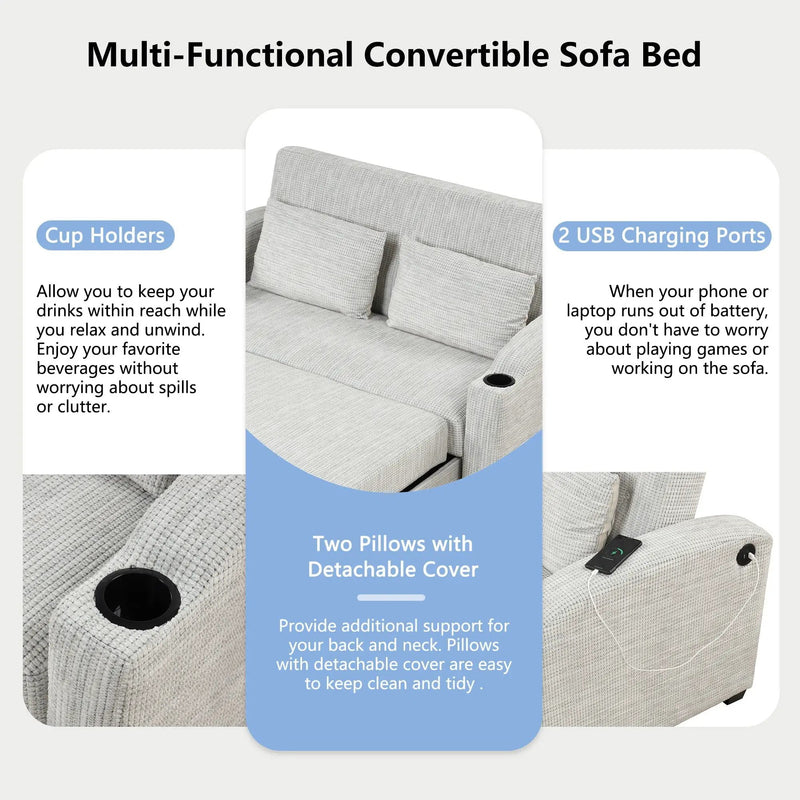 Pull Out Loveseat Sofa With Adjsutable Backrest, 2 Pillows, Cup Holders, USB Ports For Living Room by Unique Piece Furniture