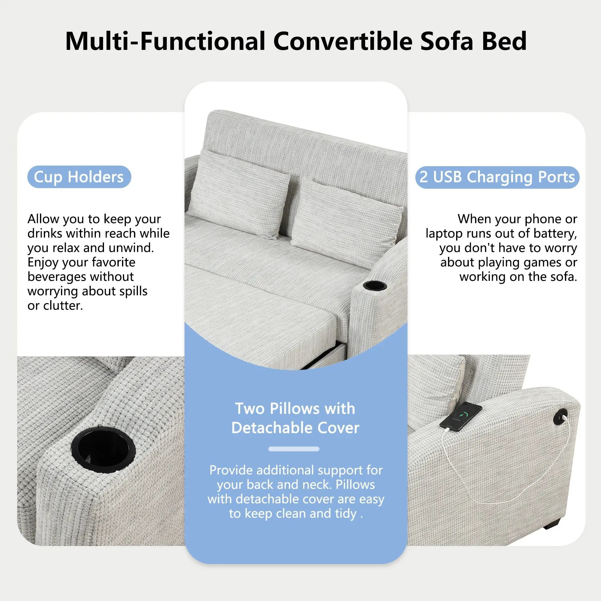 Pull Out Loveseat Sofa With Adjsutable Backrest, 2 Pillows, Cup Holders, USB Ports For Living Room by HouseOfZazla