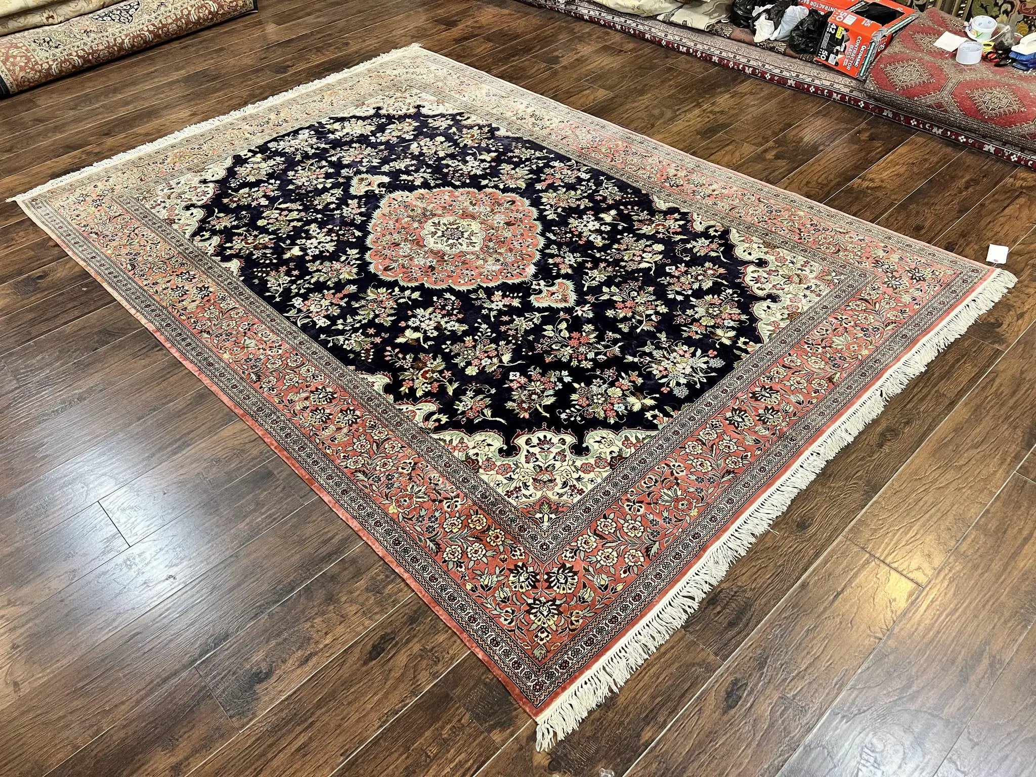 Stunning Silk Persian Qum Rug 7x9, Finely Hand Knotted Navy Blue & Salmon Floral Medallion Authentic Oriental Carpet, Vintage Handmade Silk Ghom Rug, Silk on Silk by Jewel Rugs