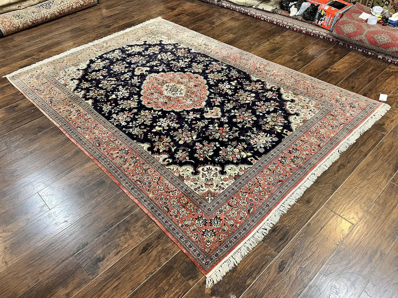 Stunning Silk Persian Qum Rug 7x9, Finely Hand Knotted Navy Blue & Salmon Floral Medallion Authentic Oriental Carpet, Vintage Handmade Silk Ghom Rug, Silk on Silk by Jewel Rugs