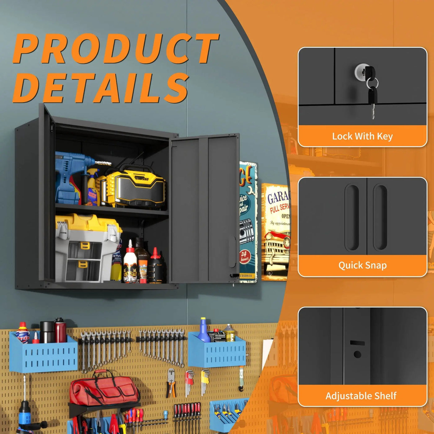 Metal Wall Mounted Tool Storage Cabinet With 2 Locking Doors, Adjustable Shelf, And Drawer by HouseOfZazla
