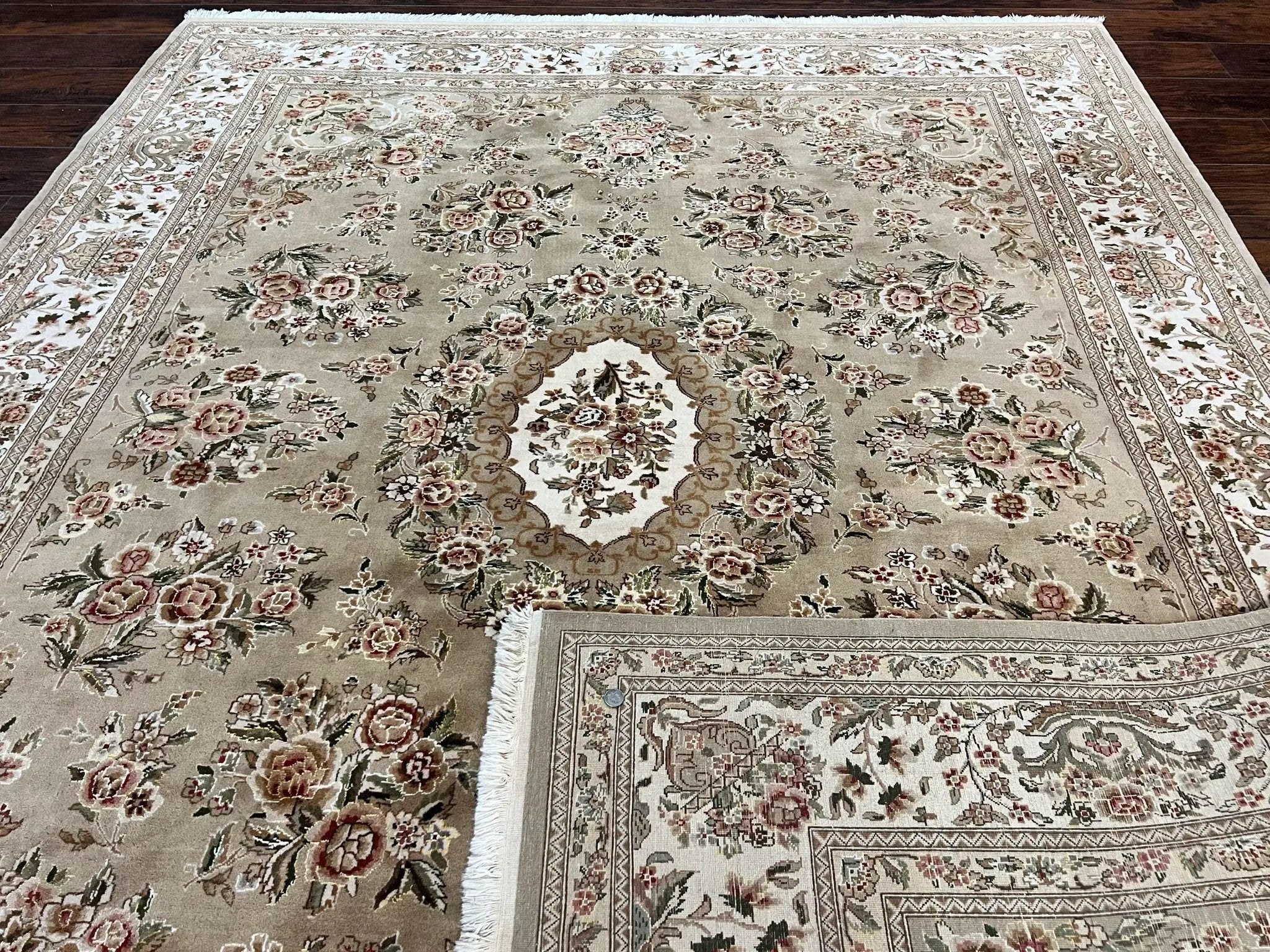 Sino Persian Rug 8x10, Soft Wool, Silk Highlights, Hand Knotted Vintage Carpet, Taupe & Ivory, Floral, Traditional Rug 8 x 10 by Jewel Rugs