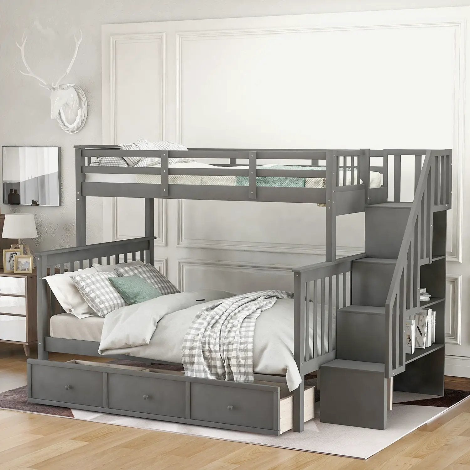 Stairway Bunk Bed With Storage And Guard Rail For Bedroom by HouseOfZazla