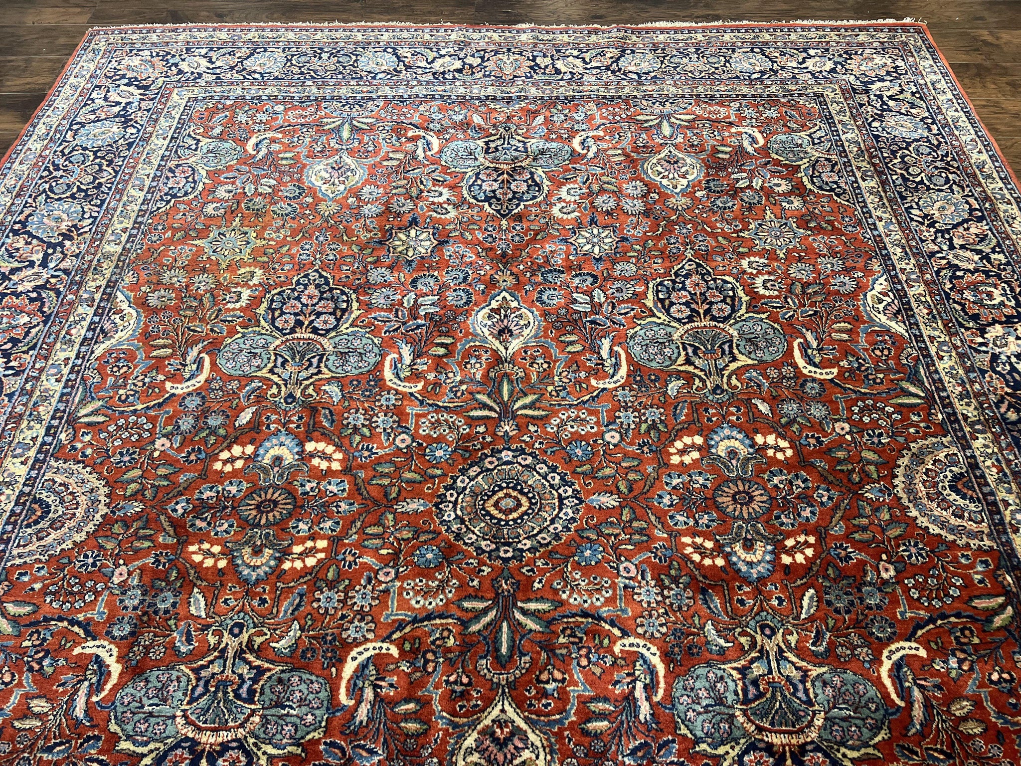 Persian Sarouk Rug 9x12, Red and Dark Blue Floral Allover Antique Persian Carpet, Handmade Wool Qazvin Rug by Jewel Rugs