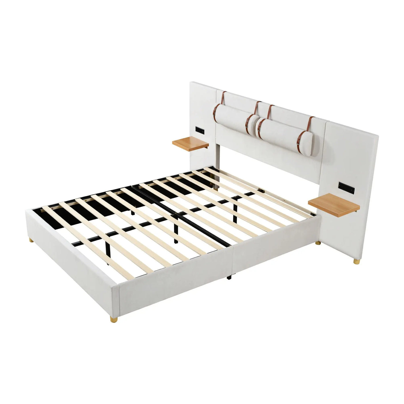 Upholstered Platform Bed, 2 Outlets And USB Charging Ports On Both Sides, 2 Bedside Pillows, Storage Shelves by Unique Piece Furniture