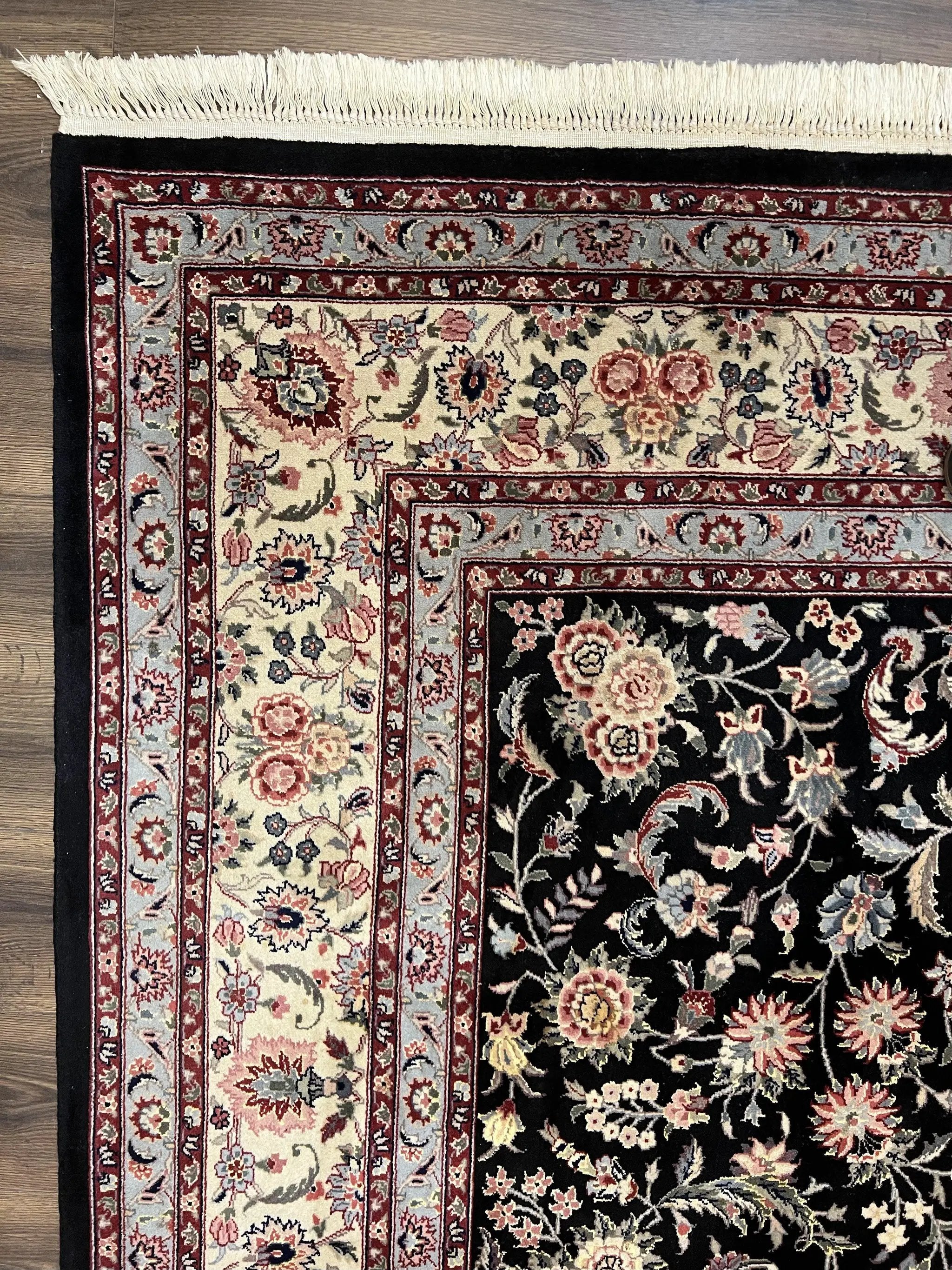 Pak Persian Rug 9x12, Floral Allover, Hand Knotted Oriental Carpet 9 x 12 ft, Black and Cream, Detailed, Wool with Silk Highlights, Vintage by Jewel Rugs