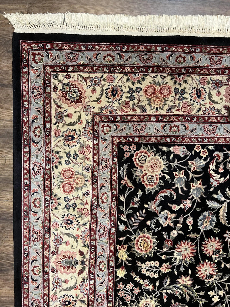 Pak Persian Rug 9x12, Floral Allover, Hand Knotted Oriental Carpet 9 x 12 ft, Black and Cream, Detailed, Wool with Silk Highlights, Vintage by Jewel Rugs