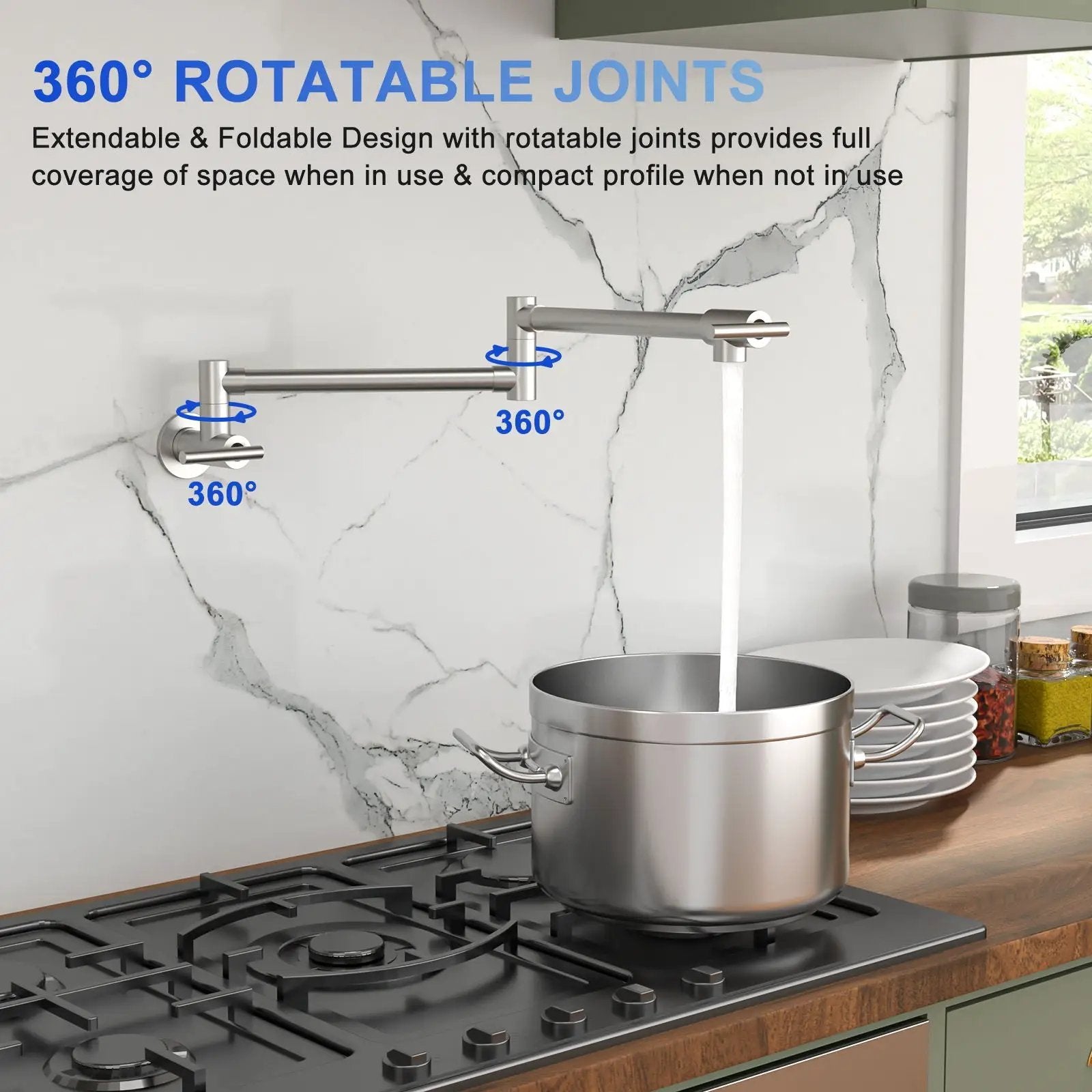 Wall Mount Pot Filler Faucet Folding Stretchable Kitchen Sink Faucet With 2 Handles - Brushed Nickel by HouseOfZazla