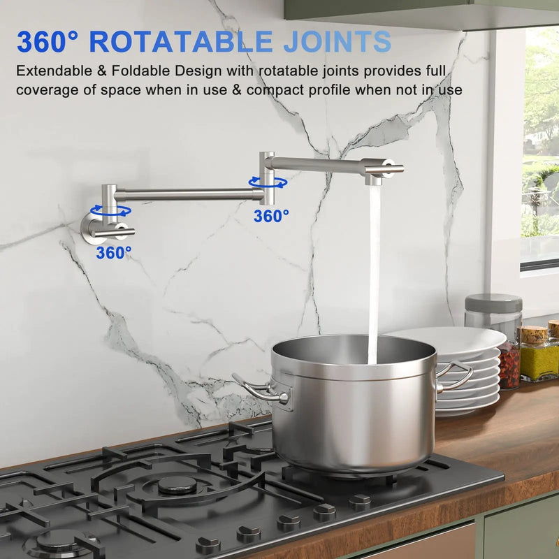 Wall Mount Pot Filler Faucet Folding Stretchable Kitchen Sink Faucet With 2 Handles - Brushed Nickel by HouseOfZazla