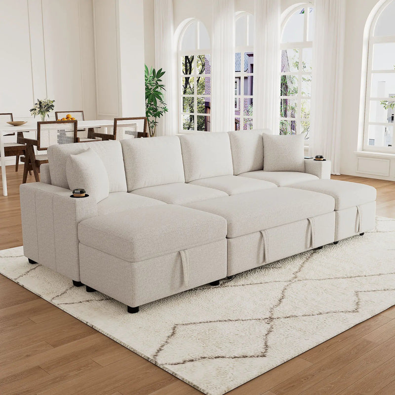 Sectional Sofa Convertible Pull-Out Bed With Storage Ottoman & USB Ports by HouseOfZazla