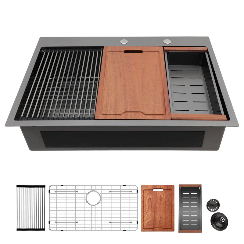 33" Drop In Kitchen Sink With Ledge Workstation, 16 Gauge Stainless Steel - Gunmetal Black by HouseOfZazla