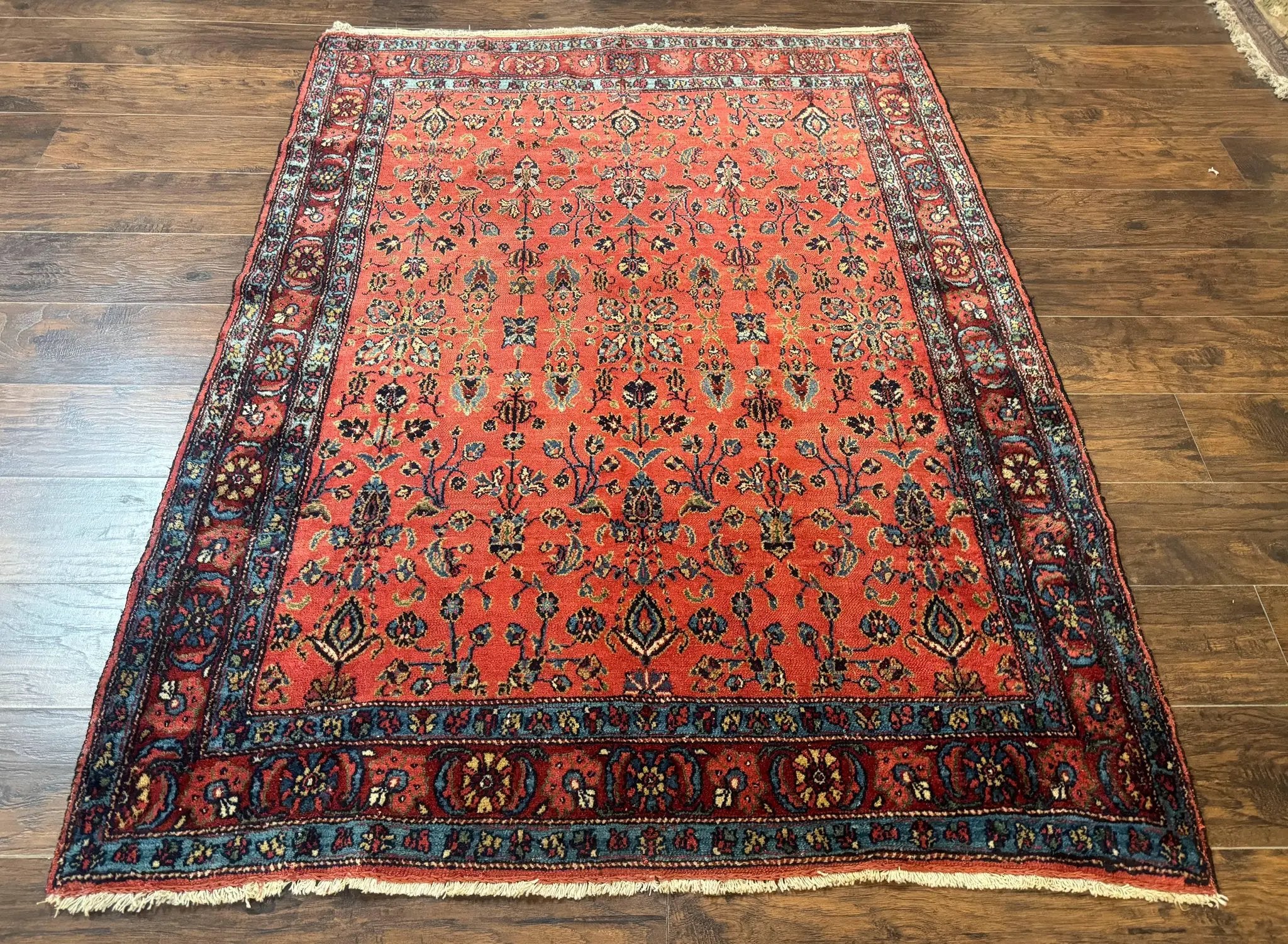 Antique Persian Tribal Rug 5 x 6.6, Tomato Red, Hamadan Angelas Rug by Jewel Rugs