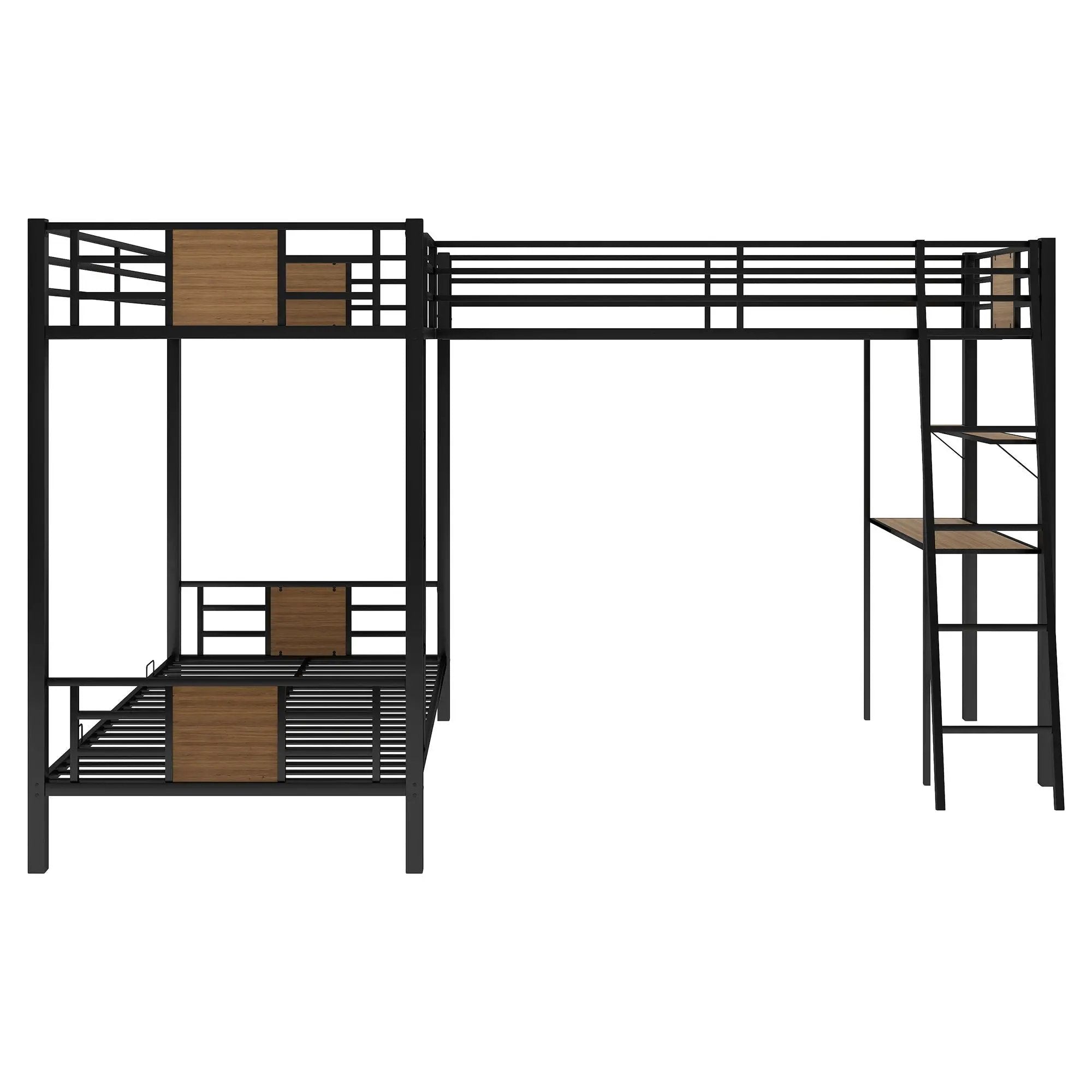 L-Shaped Twin Over Twin Bunk Bed With Twin Size Loft Bed With Desk And Shelf - Brown by HouseOfZazla