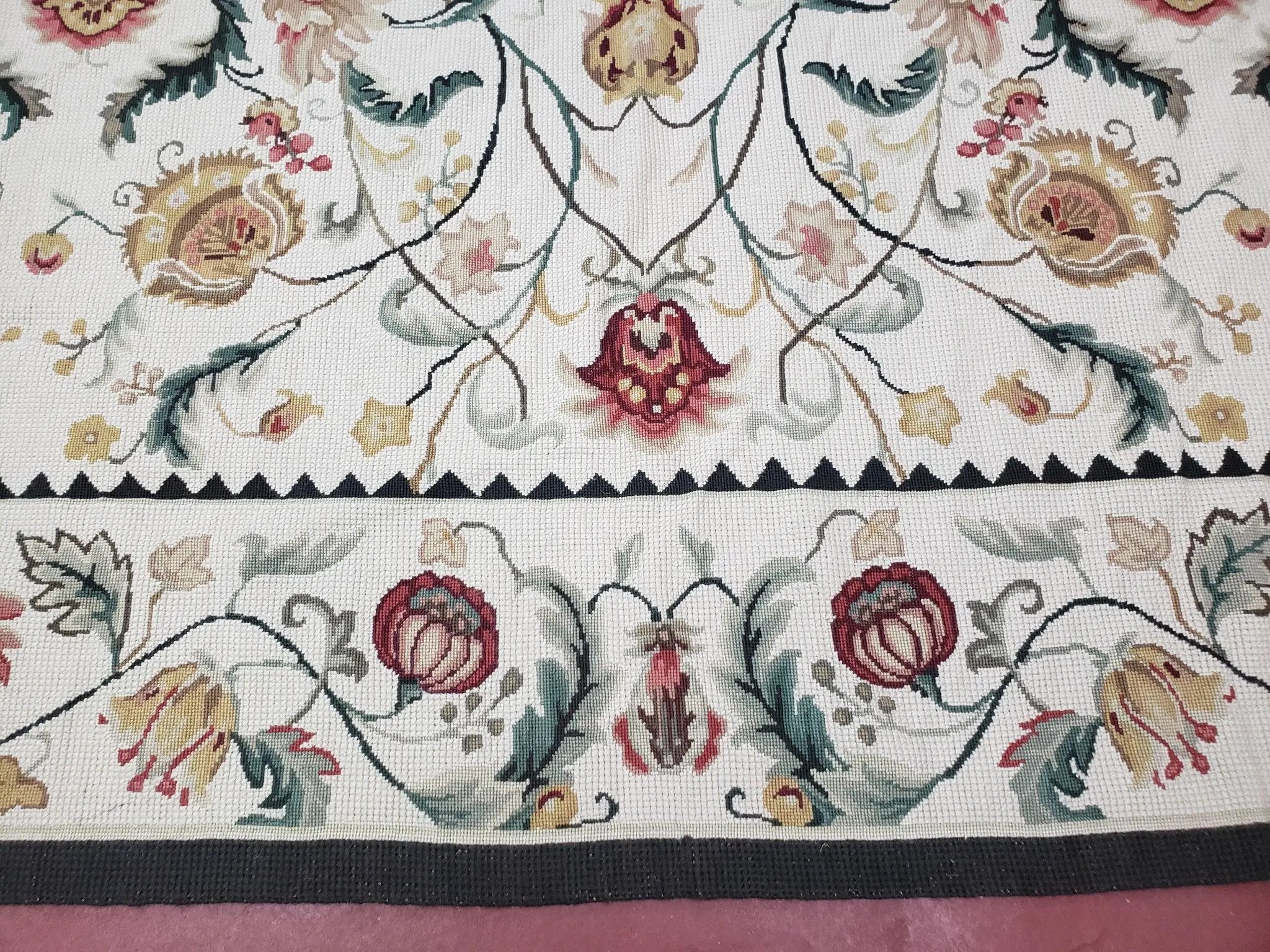 New Needlepoint Rug 9x12, Hand Woven Wool Area Rug, Flatweave Carpet, Handmade Chinese Needlepoint, Floral European Design, Ivory Background by Jewel Rugs