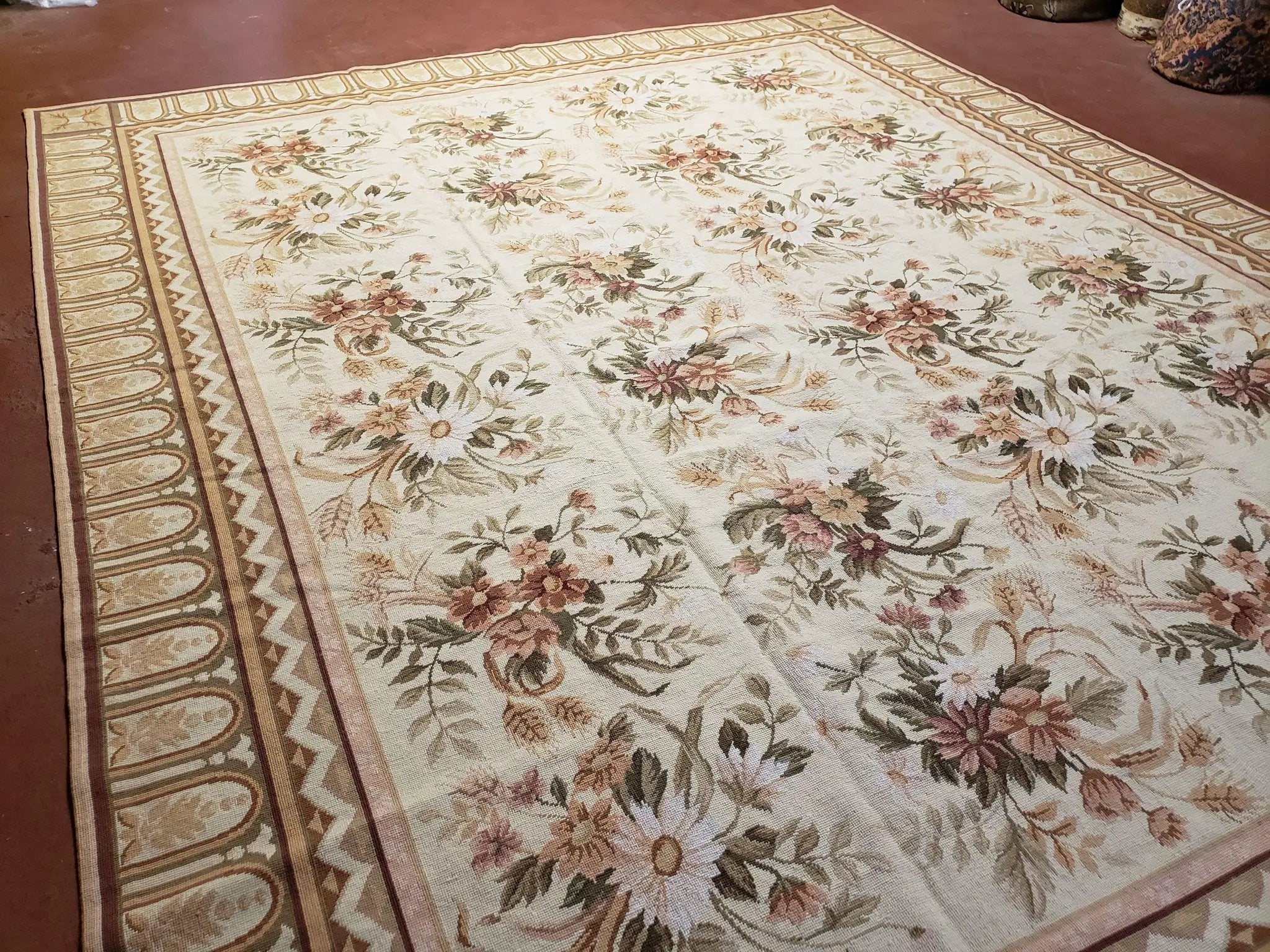 Needlepoint Rug 8x10 Aubusson Rug Victorian Floral Rug Handmade French Style French Decor Garden Panel Beige 8 x 10 Area Rug 100% Wool by Jewel Rugs