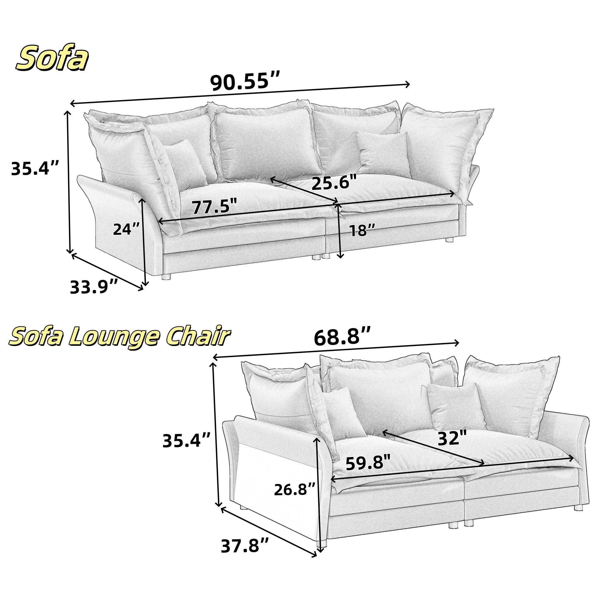 Modern Comfy Upholstered Sofa Cloud Couch, Deep Seat Couches With Multiple Large Soft Pillows by HouseOfZazla