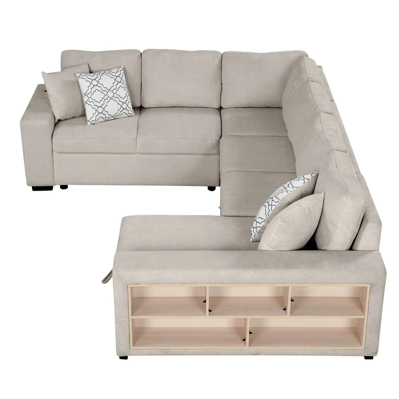 U-Shaped Sectional Sofa Pull-Out Sofa Bed With Two USB Ports, A Storage Chaise Lounge And Four Back Pillows For Living Room by HouseOfZazla