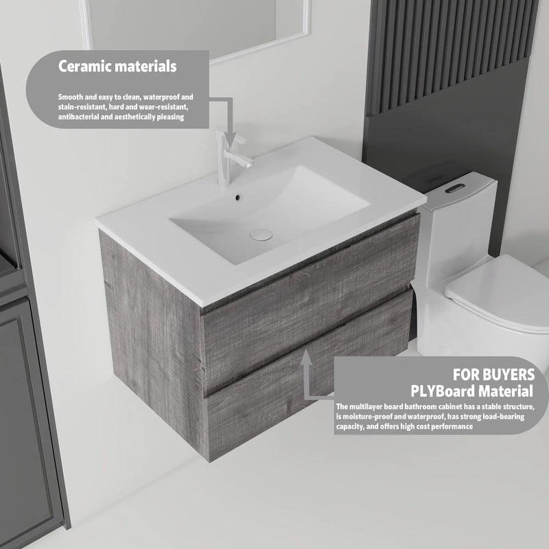 24 Inch Floating Bathroom Vanity with Sink, Soft-Close Drawer, Ceramic Sink, Plywood by HouseOfZazla