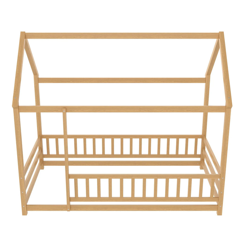Twin Size Floor Wooden Bed with House Roof Frame, Fence Guardrails by HouseOfZazla