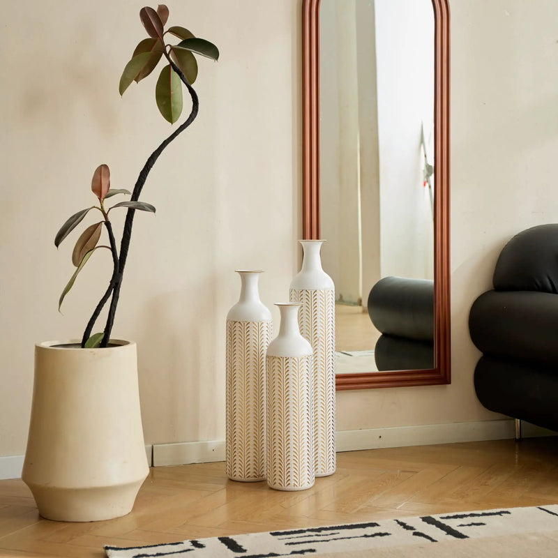 Floor Metal Vase Modern Style Decoration Home Metal Vase 3 Piece Set Gorgeous Home Decoration Large Glazed Metal Vase - Gold / White by Unique Piece Furniture