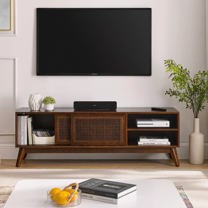 59 Inch Mid Century Modern Rattan TV Stand for 65 Inch TV by HouseOfZazla