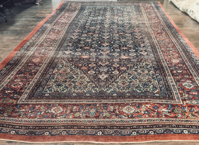 Antique Persian Bidjar Rug 8x15 – Navy Blue, Herati Pattern, Early 20th Century by Jewel Rugs