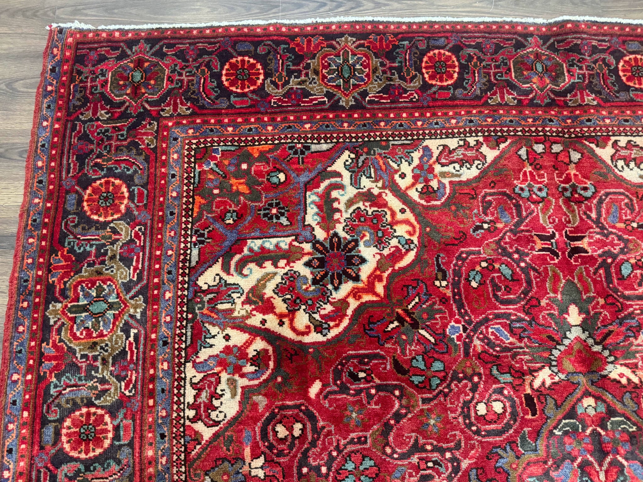 Persian Heriz Rug 7x10, Red and Navy, Geometric Medallion, Vintage Wool Carpet by Jewel Rugs