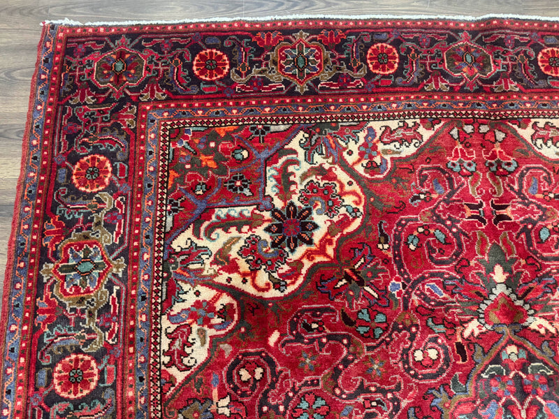 Persian Heriz Rug 7x10, Red and Navy, Geometric Medallion, Vintage Wool Carpet by Jewel Rugs