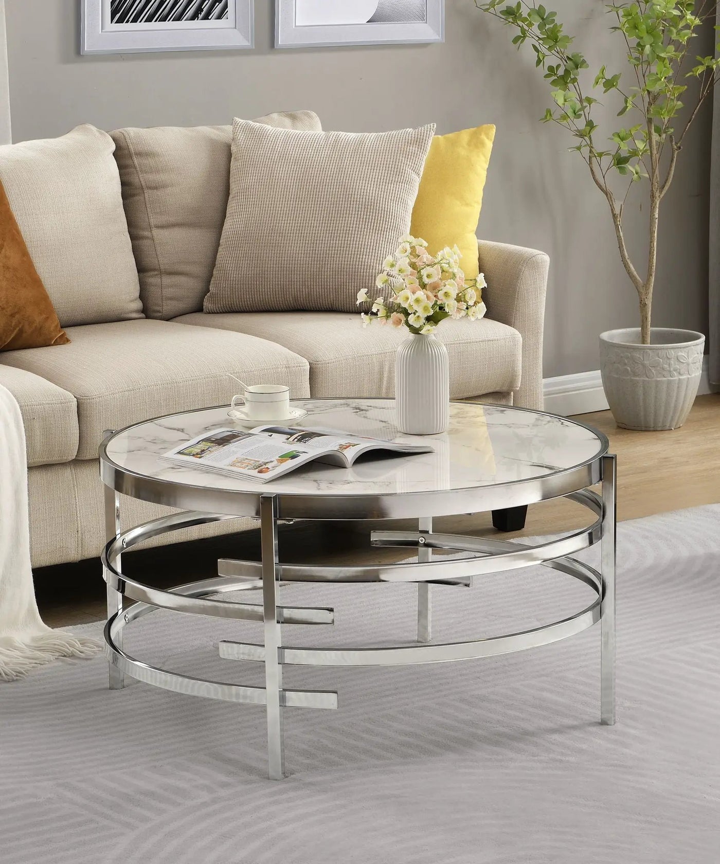 Elegant Round Table With Sintered Stone Top & Sturdy Metal Frame by Unique Piece Furniture