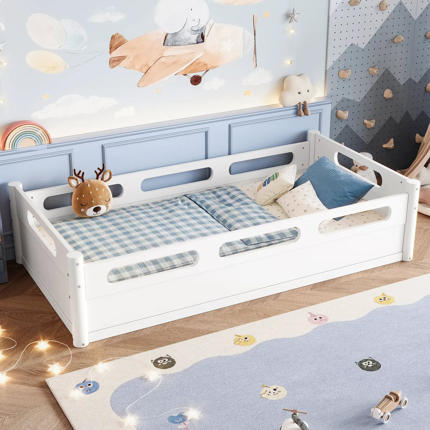 Twin Size Floor Platform Bed with Full-Length Guardrails by HouseOfZazla