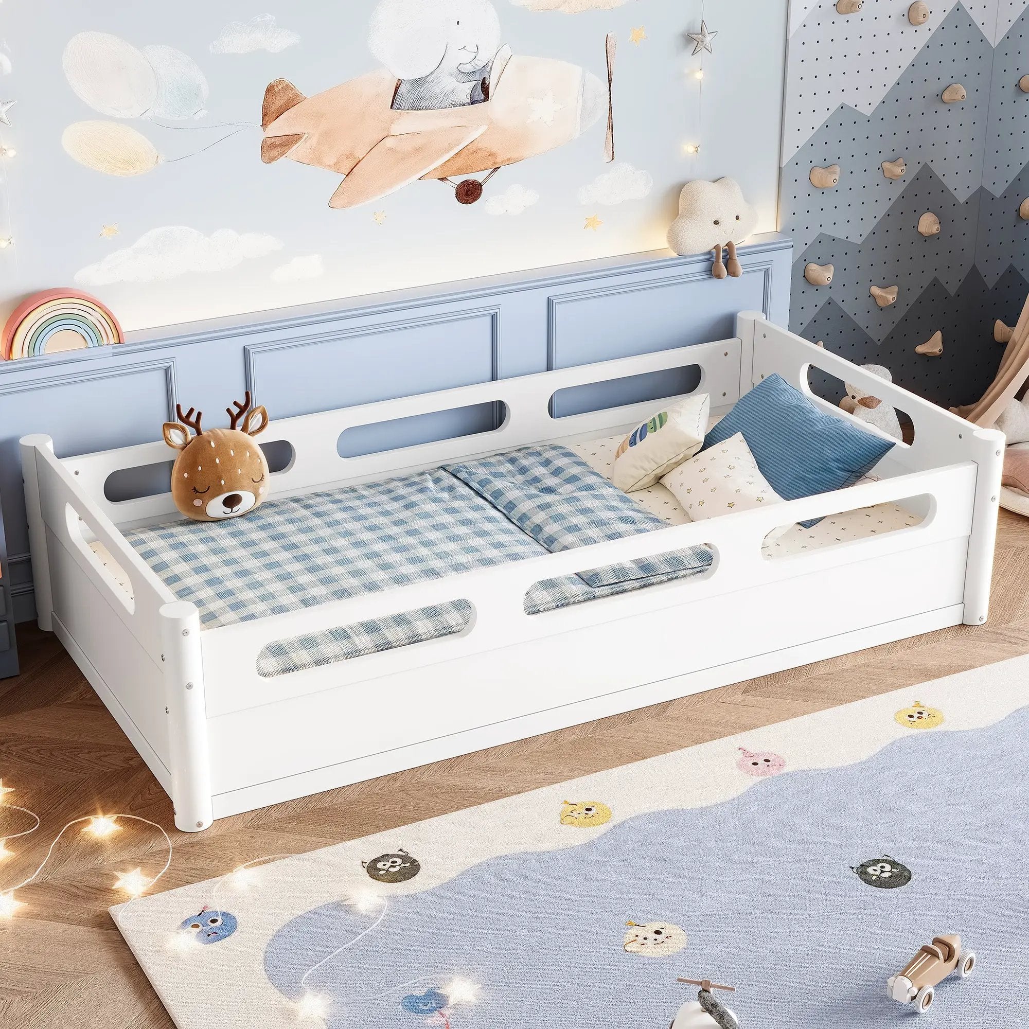 Twin Size Floor Platform Bed with Full-Length Guardrails by HouseOfZazla