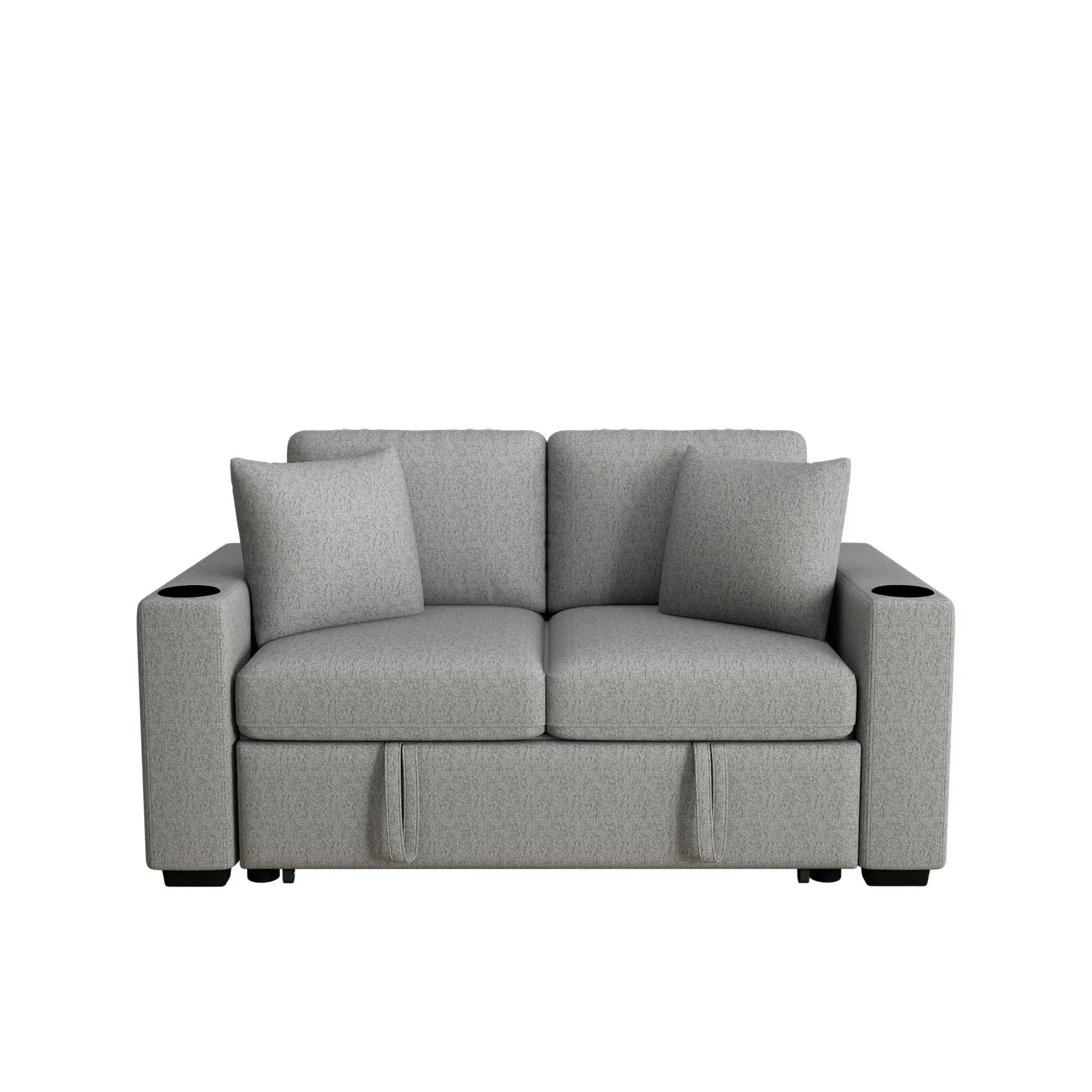 Modern 2 Seater Loveseat Sofa With Pull-Out Bed, Fabric, Built-In USB Ports & Cup Holders by Unique Piece Furniture