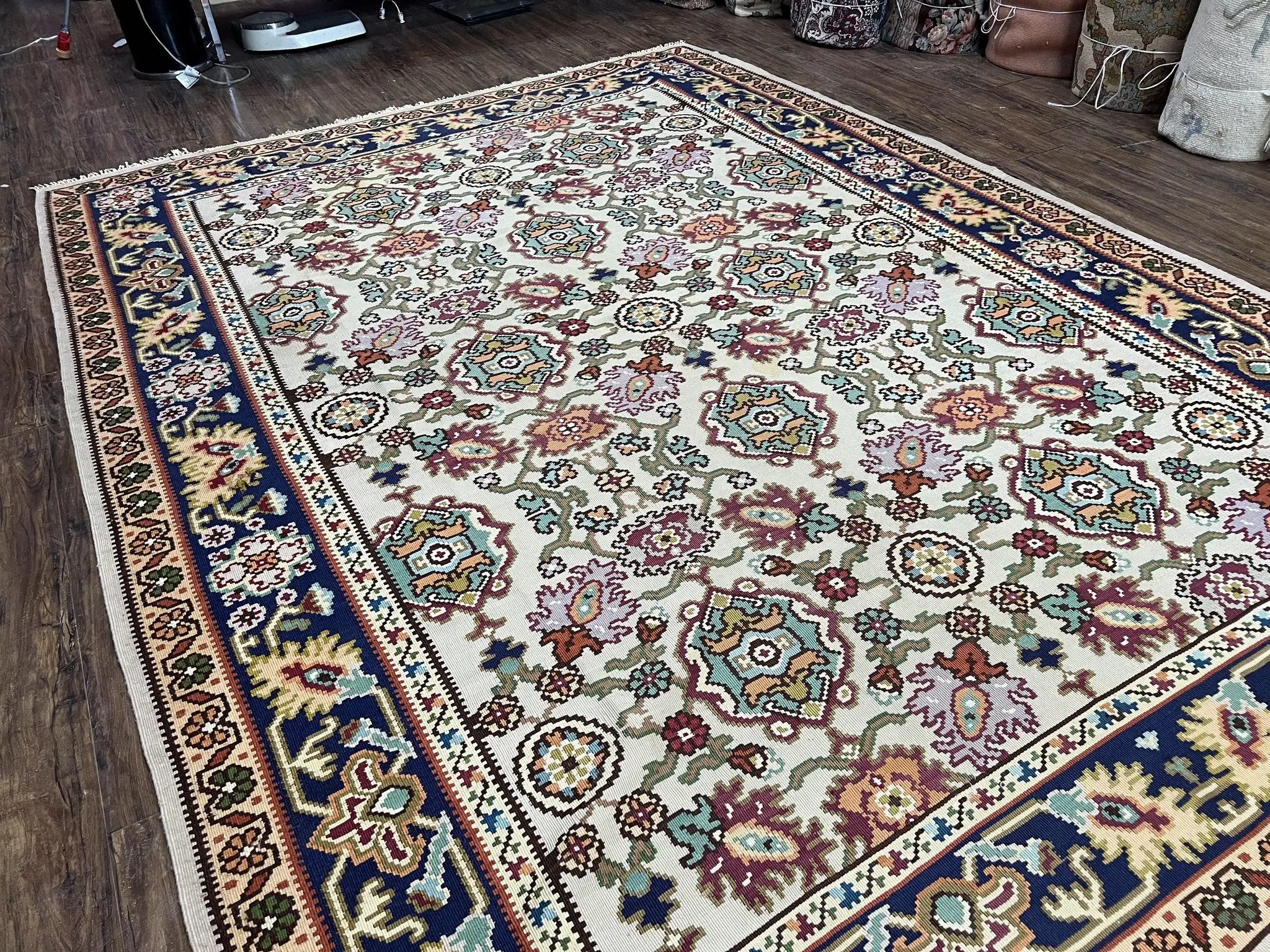 Antique Turkish Kilim Rug 7x10 Allover Pattern, Ivory Cream Maroon Light Blue, Wool Flatweave Hand Woven, Large Kilim, Vintage Kilim Carpet by Jewel Rugs