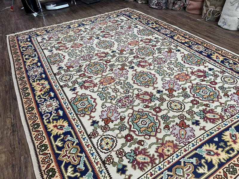 Antique Turkish Kilim Rug 7x10 Allover Pattern, Ivory Cream Maroon Light Blue, Wool Flatweave Hand Woven, Large Kilim, Vintage Kilim Carpet by Jewel Rugs