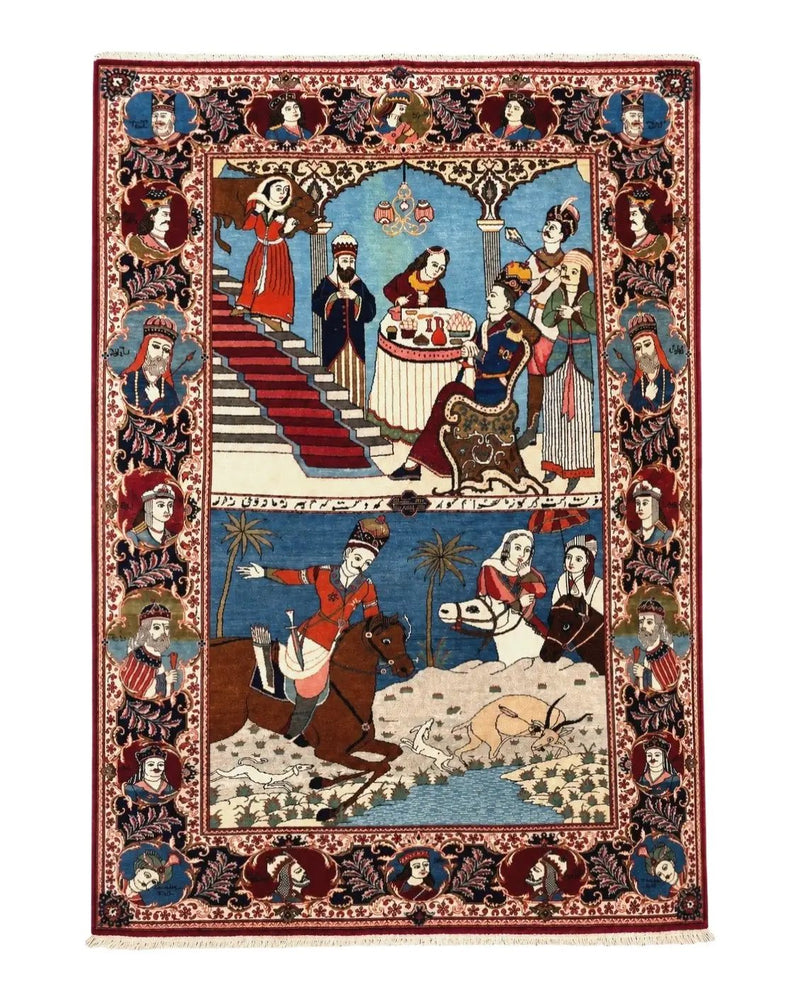 Rare Persian Kashan Pictorial Rug 6x9, King Bahram Hunting Scene, Persian Kings, Hand Knotted Persian Rug for Wall Hanging, Antique, Wool by Jewel Rugs