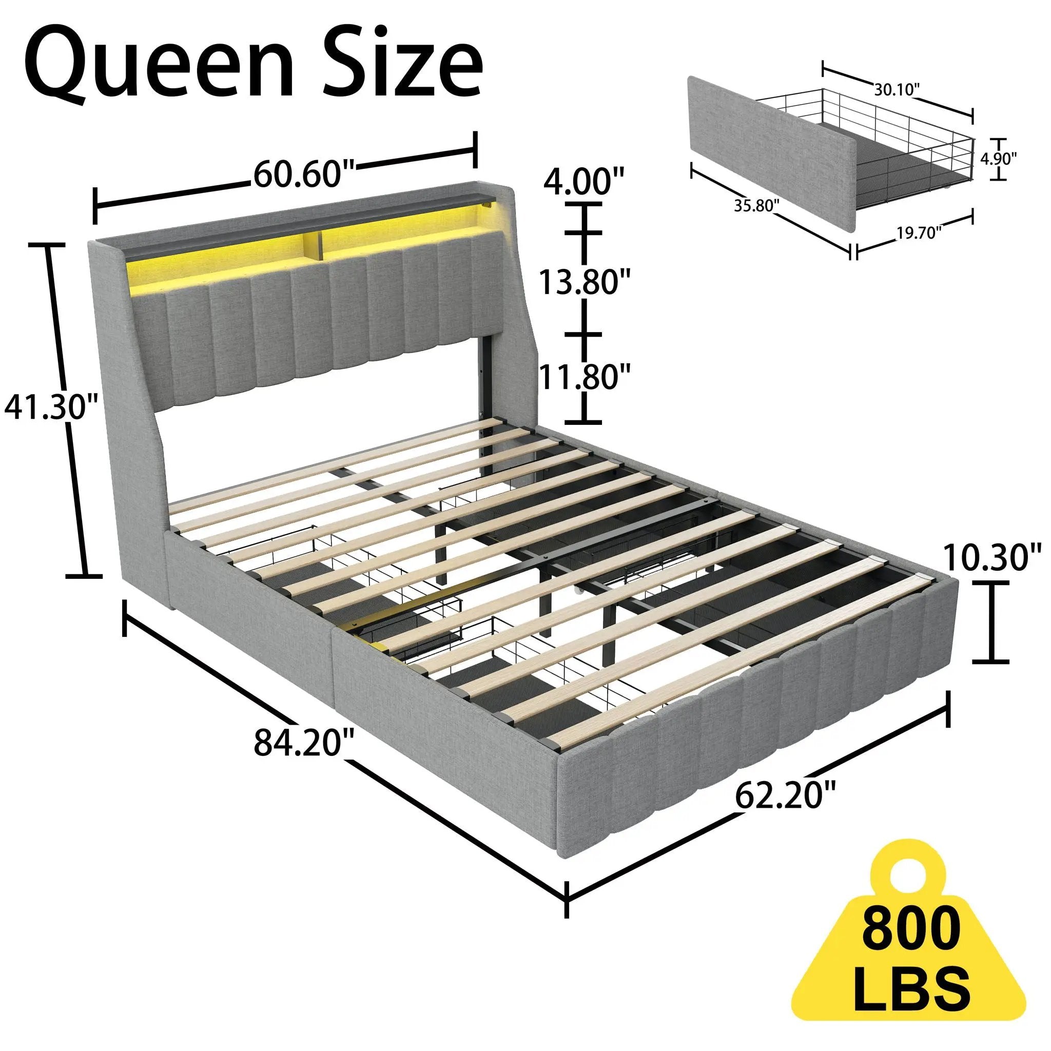 Queen Size Bed Frame With LED Lighting, Winged Headboard With Storage Drawers - Light Gray by Unique Piece Furniture