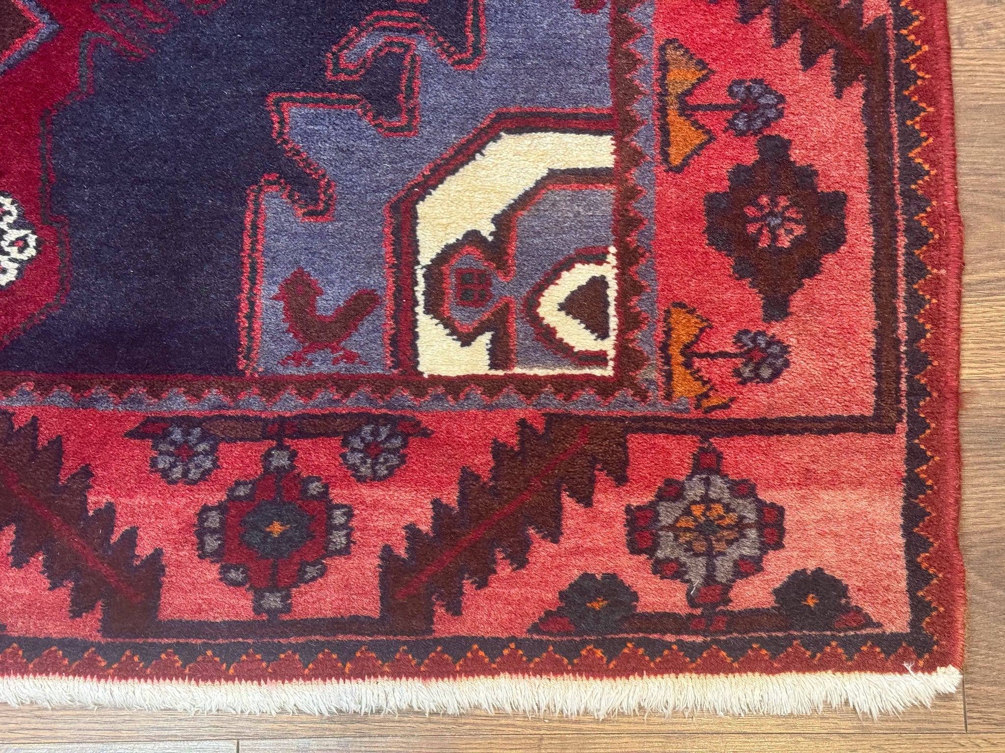 Persian Karajeh Runner Rug 3.6 x 9.5, Geometric Medallions, Tribal Village Rug, Navy Blue, Handmade by Jewel Rugs