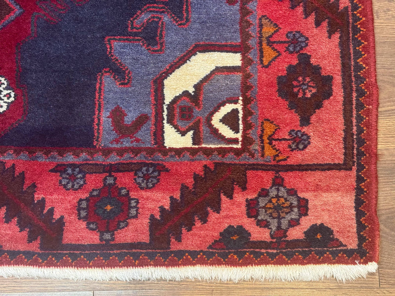 Persian Karajeh Runner Rug 3.6 x 9.5, Geometric Medallions, Tribal Village Rug, Navy Blue, Handmade by Jewel Rugs
