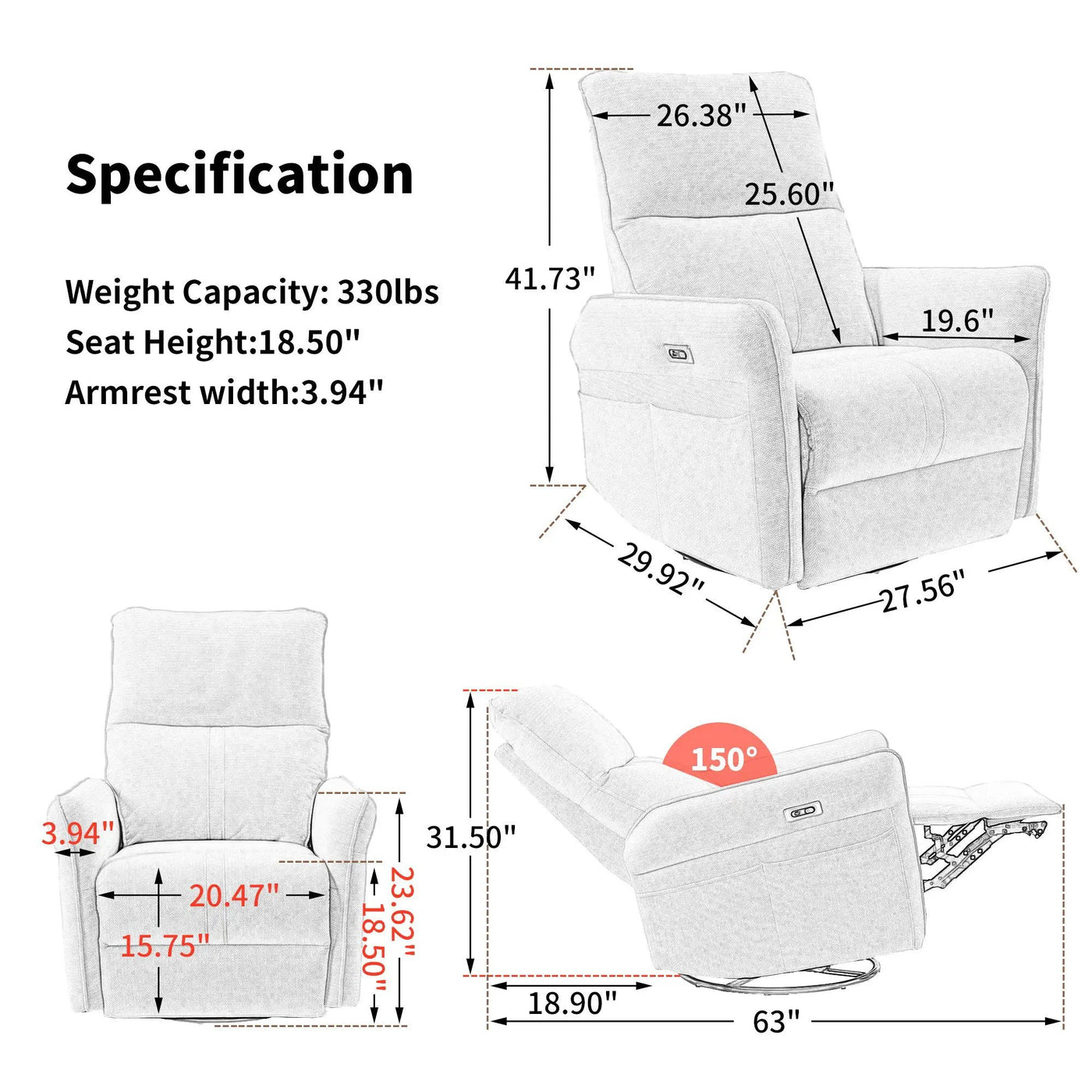 29.92" 270 Power Swivel Rocker Recliner Chair, Electric Glider Reclining Sofa With USB Ports, Power Swivel Glider, Rocking Chair Nursery Recliners For Living Room Bedroom by HouseOfZazla