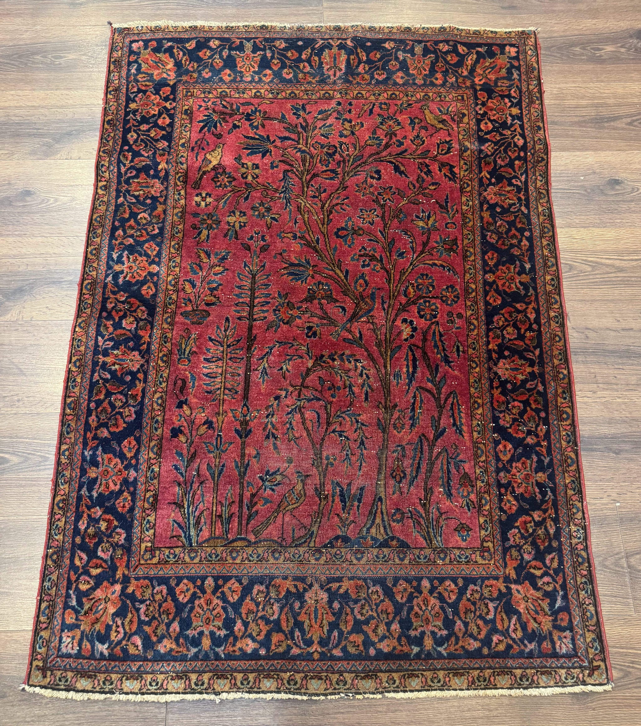 Antique Persian Tree of Life Rug 3x5, Manchester Wool, Bird Pictorials, Fine 240 KPSI, Red Navy Blue by Jewel Rugs