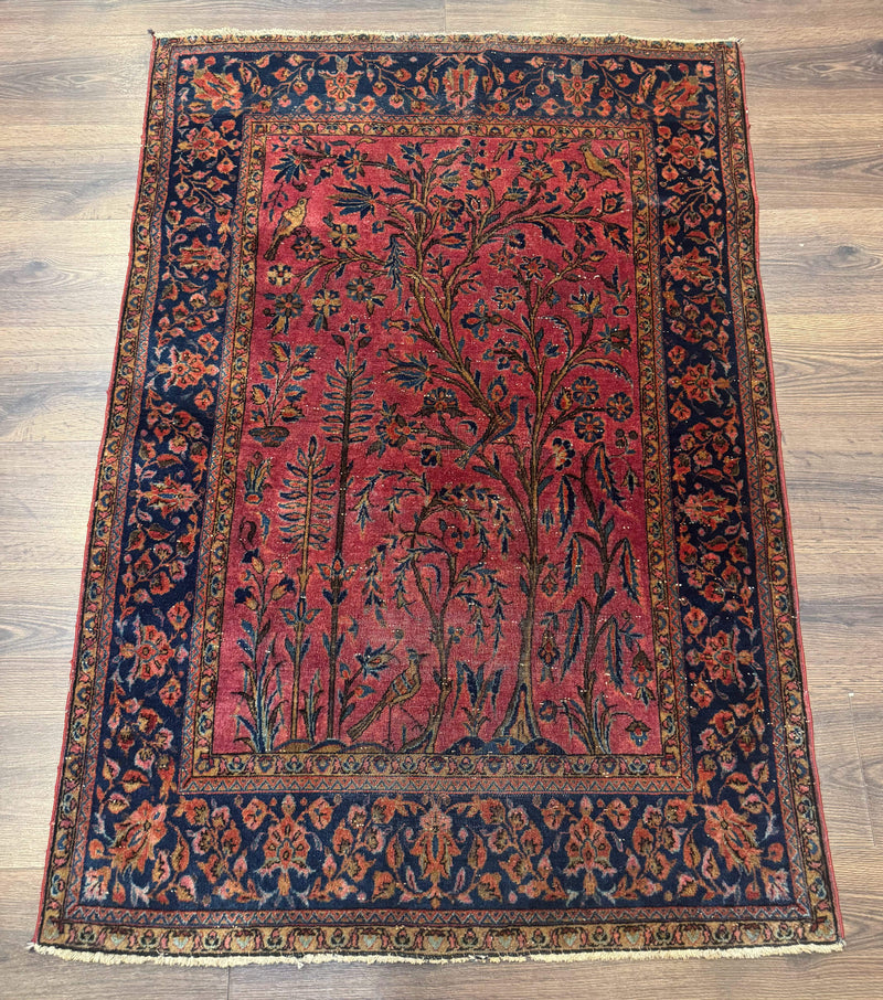 Antique Persian Tree of Life Rug 3x5, Manchester Wool, Bird Pictorials, Fine 240 KPSI, Red Navy Blue by Jewel Rugs
