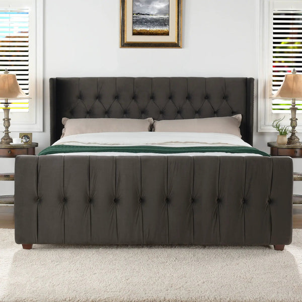 David - King Tufted Wingback Bed - Dark Charcoal Gray