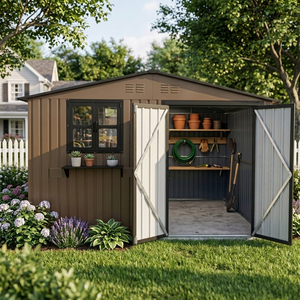 10x8 Ft Outdoor Metal Storage Shed with Window & Flower Rack by HouseOfZazla