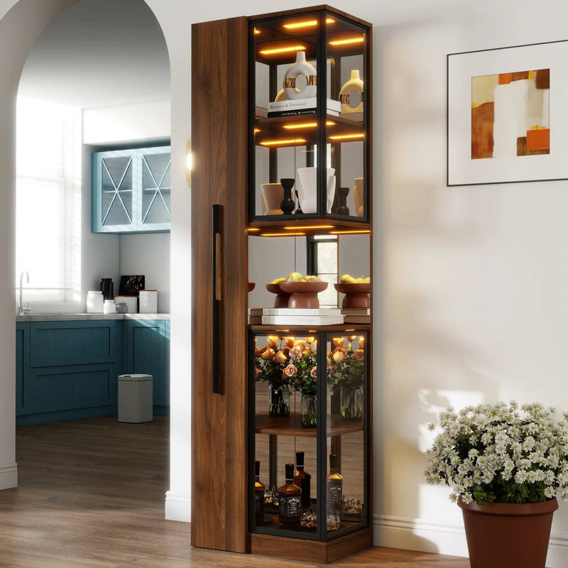 70" Display Cabinet with Glass Doors and Lights, Multi-Tier Storage by HouseOfZazla