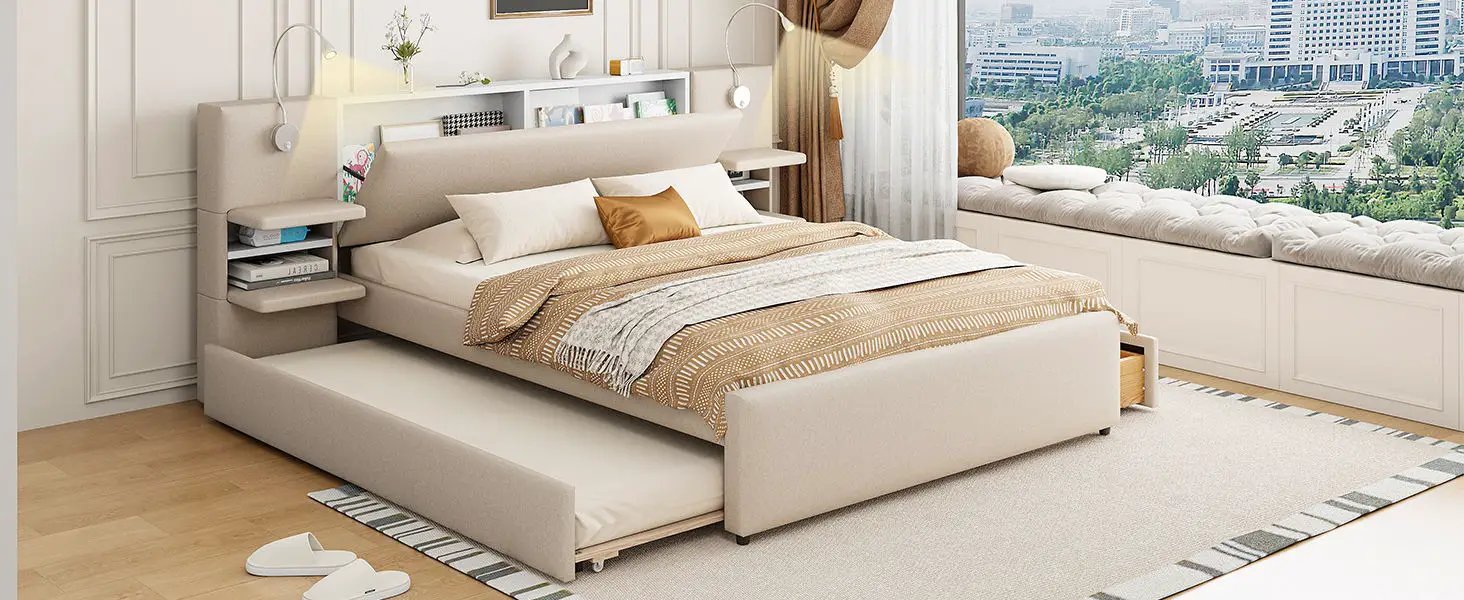 Upholstered Platform Bed With Reading Lights, Drawers, Trundle And Shelves by HouseOfZazla