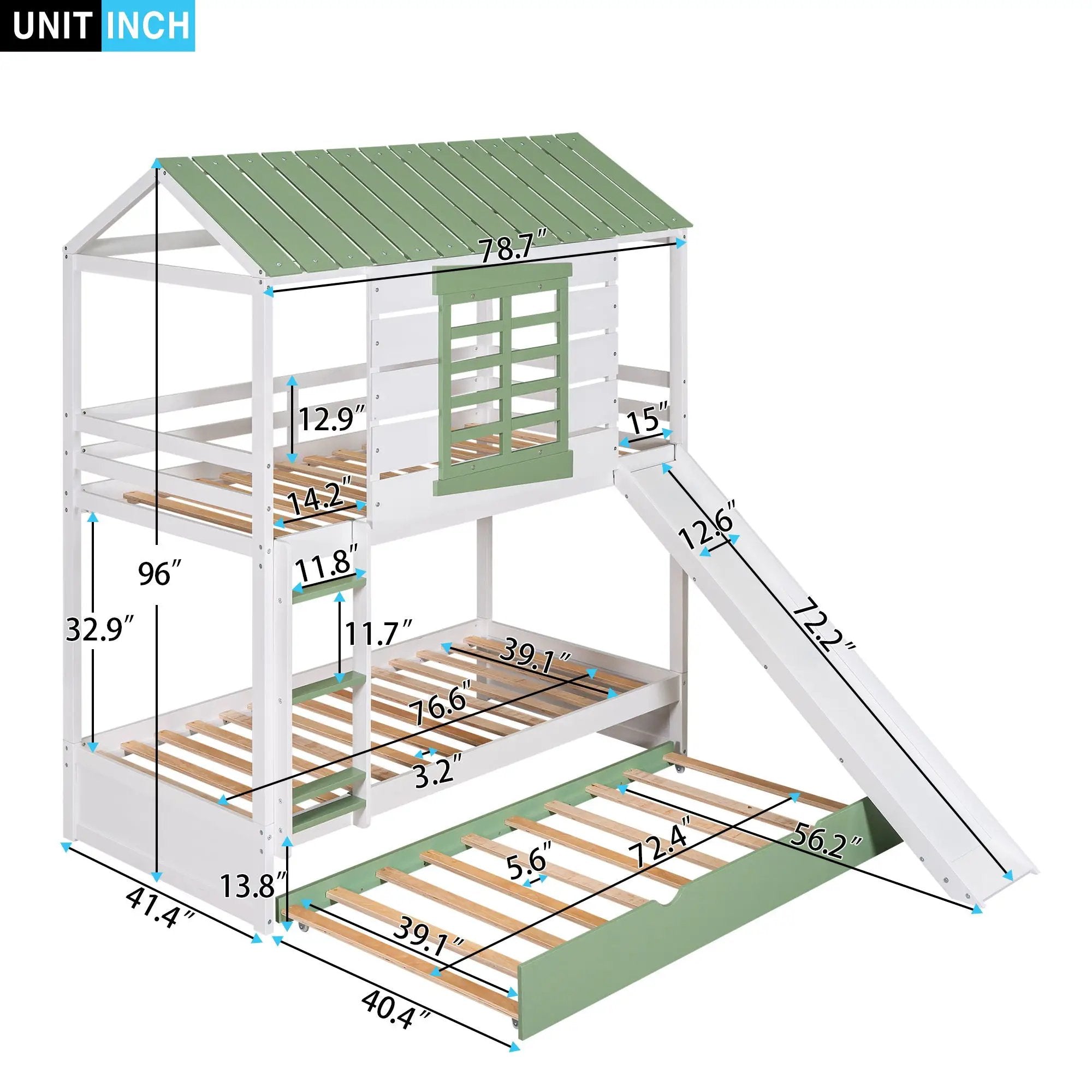 Twin Over Twin House Bunk Bed With Convertible Slide And Trundle - White by Unique Piece Furniture