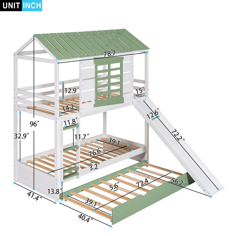 Twin Over Twin House Bunk Bed With Convertible Slide And Trundle - White by Unique Piece Furniture