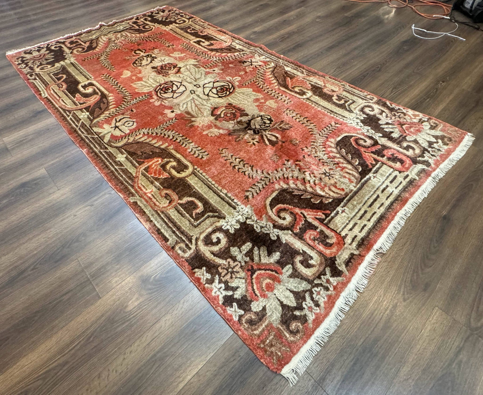 Khotan Rug 5x9, Terracotta and Brown, Floral, Chinese Wool Carpet, Antique Rug by Jewel Rugs