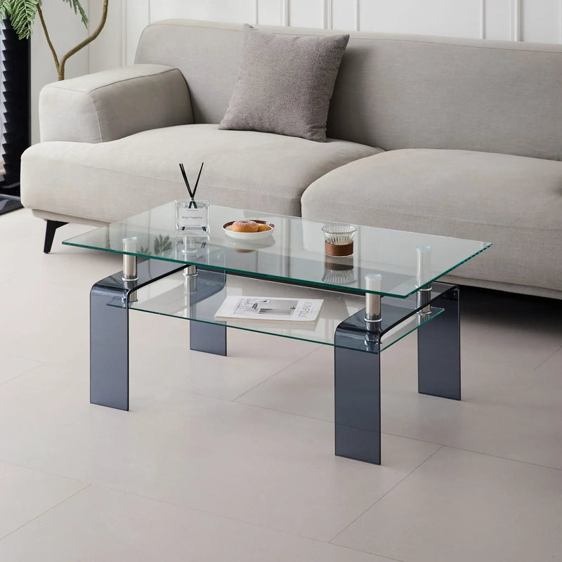 Modern Tempered Glass Coffee Table With 2 Tier Storage For Living Room by HouseOfZazla